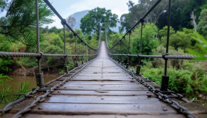Suspension bridge perspective Crossing to lush forest, natural setting, outdoor adventure, travel destination, scenic view, woodland path