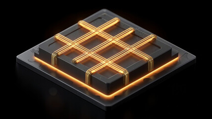 data PROCESSOR on black SUBSTRATE with golden neon lattice shield, minimalist SECURE MOOD high-tech flat-lay with glowing accents