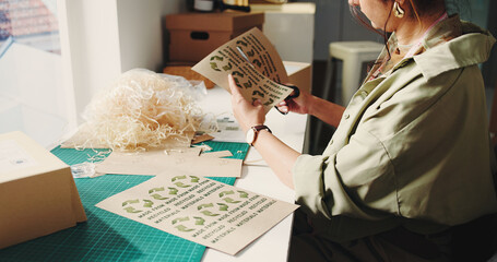 Hands, woman and recycle label in warehouse for eco friendly packaging of order preparation....