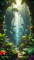 Fototapeta premium Lush, vibrant jungle scene, illuminated by sunlight through canopy