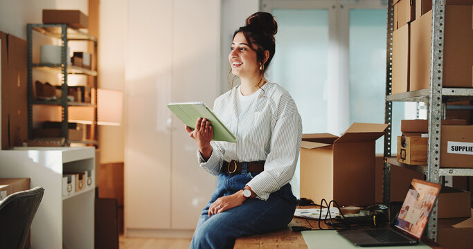 Ecommerce, happy woman or thinking in office with tablet for online order, customer review or feedback. Person, reflection or smile in workplace with tech for logistics, client satisfaction or email.