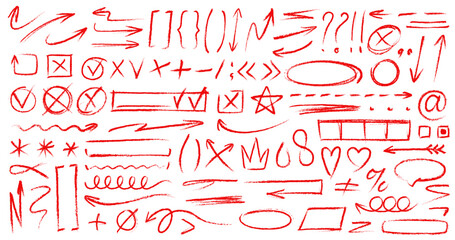 Hand drawn doodle red crayon pencil lines, chalk and brush stroke vector elements. Arrows, abstract shapes and scribbles, check mark, star, emphasis and underline, heart, crown red crayon sketches © Vector Tradition