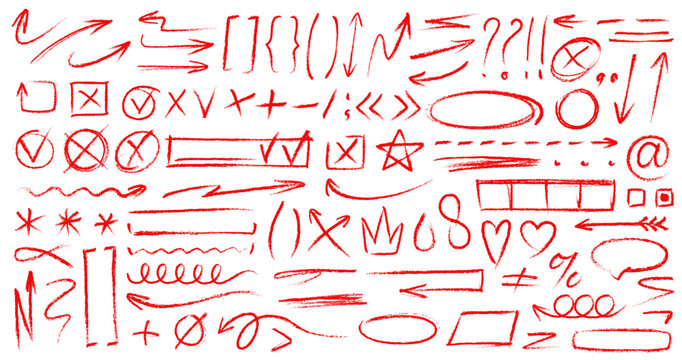 Hand drawn doodle red crayon pencil lines, chalk and brush stroke vector elements. Arrows, abstract shapes and scribbles, check mark, star, emphasis and underline, heart, crown red crayon sketches