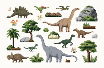 8 bit pixel art prehistoric dinosaurs characters and plants. Pixelated vector dimorphodon, velociraptor, therizinosaurus and triceratops dinosaurs, tree and fern, flower, dino egg, stones and stump © Vector Tradition