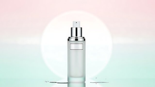 Frosted glass cosmetic pump bottle with silver cap on a pastel gradient background.