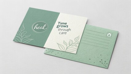 Stylish minimalist postcard design featuring soothing green colors and botanical elements for wellness promotion
