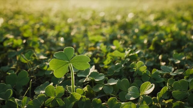 Sunlight shines on a field of green clover with a prominent four-leaf clover standing tall