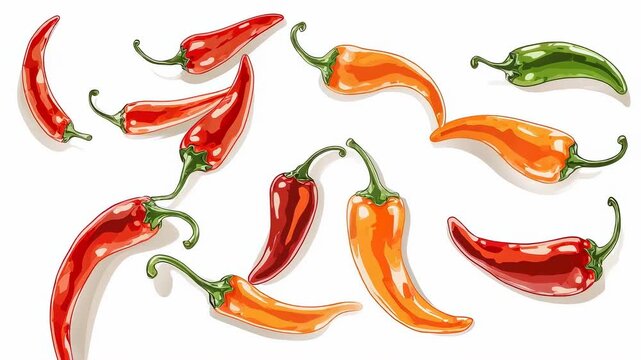Vibrant Chili Peppers Arranged in a Colorful Pattern on a White Background