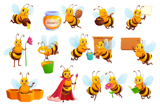 Cartoon cute bee characters set with honey, flowers and beehive. Funny queen, worker and student bees characters collecting honey with pots, reading book, holding flowers, honeycombs and sign board
