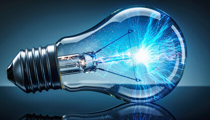 Electric light bulb with vibrant blue glowing filament inside