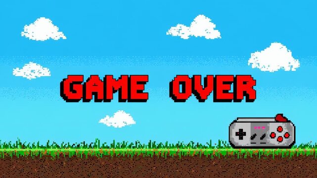 A cartoon game controller lies on grass with 'GAME OVER' text displayed prominently against a blue sky with clouds