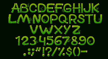 Obraz premium Bamboo font, jungle forest typeface, plant type, eco english alphabet vector typography. Cartoon asian tropical nature font letters and numbers set of bamboo sticks, wood stems and green leaves