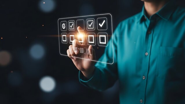 Man in blue shirt interacting with futuristic digital interface controls in dark environment - Powered by Adobe