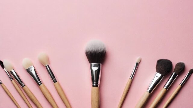 Makeup brushes arranged neatly on a pastel pink background for a beauty tutorial