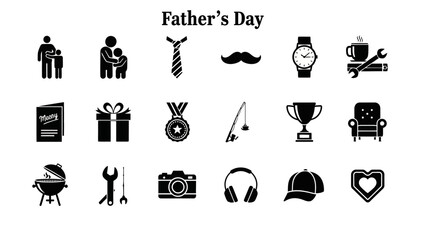 Father's Day themed black and white icon set featuring various gifts, activities, and symbols for dads.