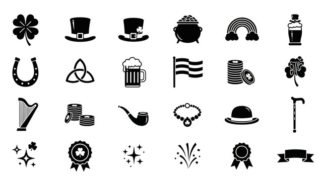 A collection of black and white flat design icons representing various symbols and elements of St. Patrick's Day and Irish culture.
