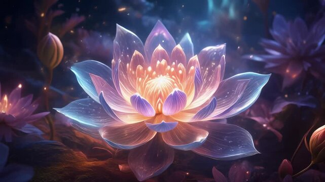 Glowing lotus flower in a mystical garden at night.