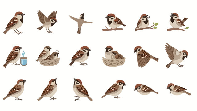A collection of cartoon sparrows in various poses and activities, including flying, perching, and nesting with chicks, depicted on a white background.