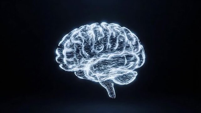 3D wireframe model of a human brain illuminated with blue light against a dark background