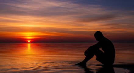 Silhouette of a pensive person sitting at the edge of the water during a vibrant sunset