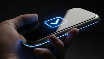 Hand holding futuristic smartphone with glowing checkmark interface design innovation technology