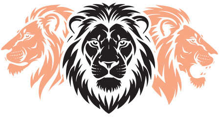 Fototapeta premium Three Lion Heads Symmetrical Black and Orange Vector Logo Illustration