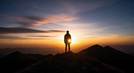 Silhouetted hiker stands atop a rugged mountain peak against a brilliant sunset sky