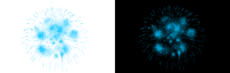 Aqua blue multiple firework bursts isolated on black and transparent background for summer festival and coastal party celebration display