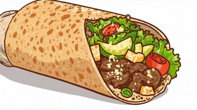 A delicious wrap filled with meat, vegetables, and cheese, illustration of a tasty meal
