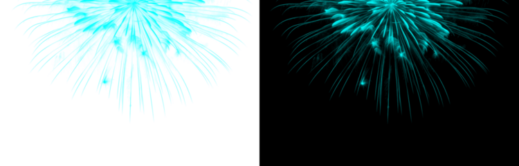 Stunning aquamarine fireworks explode against a transparent background and a night sky, creating a vibrant display of light and celebration