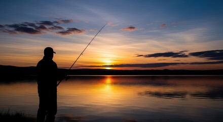 Fototapeta premium Silhouetted angler stands by calm water during a vibrant sunset