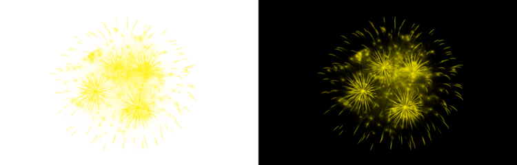 Yellow golden firework display isolated on black and transparent background for festive occasions and independence day seasonal celebration