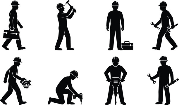 Construction worker silhouette icon set showing tool usage repair tasks maintenance activities isolated black figures on white background