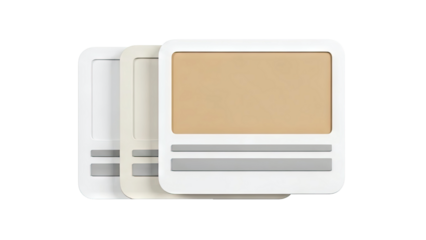 Three stylized UI elements in different neutral colors