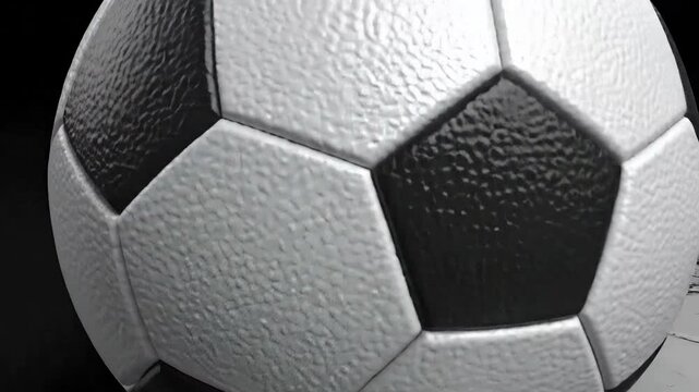 Classic black and white soccer ball resting on a dark reflective surface.