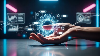 Hand holding futuristic holographic gear interface in dark room with neon lights