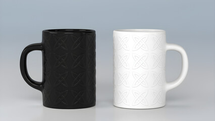 Two ceramic coffee mugs with celtic knot design one black and one white on a plain background with ceramic mugs and kitchenware and tableware with beverage