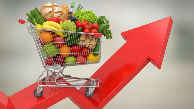 Fresh grocery shopping cart with colorful fruits and vegetables boosting financial growth upward trend