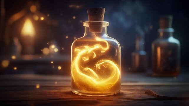 Mystical glowing potion in a glass bottle on a wooden table.