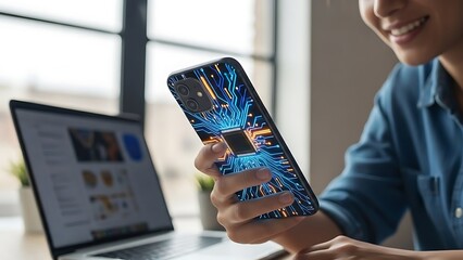 Person holding smartphone with circuit design screen near laptop in modern office space