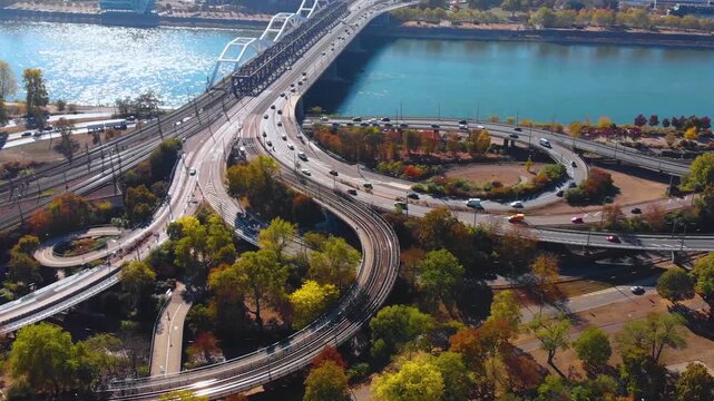 Aerial view around the city of Mannheim in Germany beside the Rhine river on a sunny autumn day