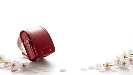 入学式のランドセルと桜の花びらのフレーム素材 白背景 16:9