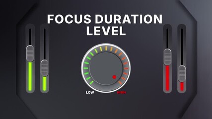 Focus Duration Level dashboard indicator animation with dial turning from low to high on black background for productivity and study video