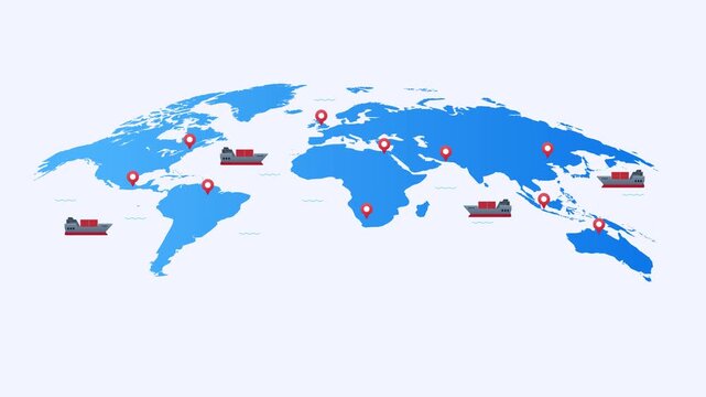 Global shipping routes and logistics network illustrated on a world map with markers
