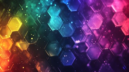 Overlapping hexagonal shapes with gradient fills, arranged in an abstract, tessellated design.