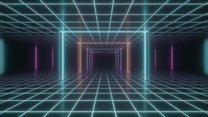 Futuristic neon-lit grid tunnel with vibrant colors and sleek architecture. - Powered by Adobe