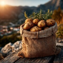 Burlap sack overflowing with fresh potatoes, rosemary, rustic backdrop