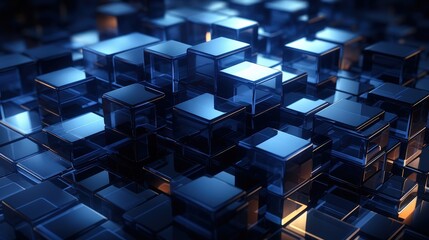 A field of sleek, metallic blue cubes, with highlights and reflections catching the light, creates an abstract pattern that evokes the feeling of a modern, technological landscape.