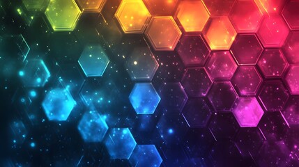 A geometric pattern of vibrant hexagons in hues of blue, pink, and orange, arranged in a symmetrical grid against a backdrop of dark grey, creating a captivating visual composition 