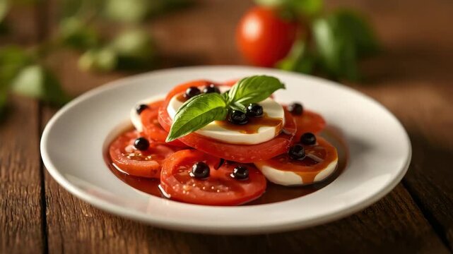 Fresh tomato mozzarella caprese salad with basil and balsamic glaze pearls, rustic savory stack